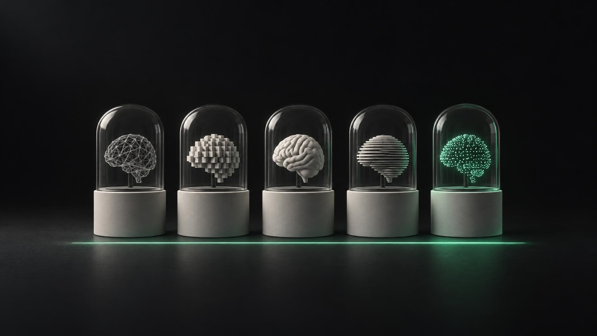 Five brain models under glass domes in a row, each built a different way, with a green line along the floor.