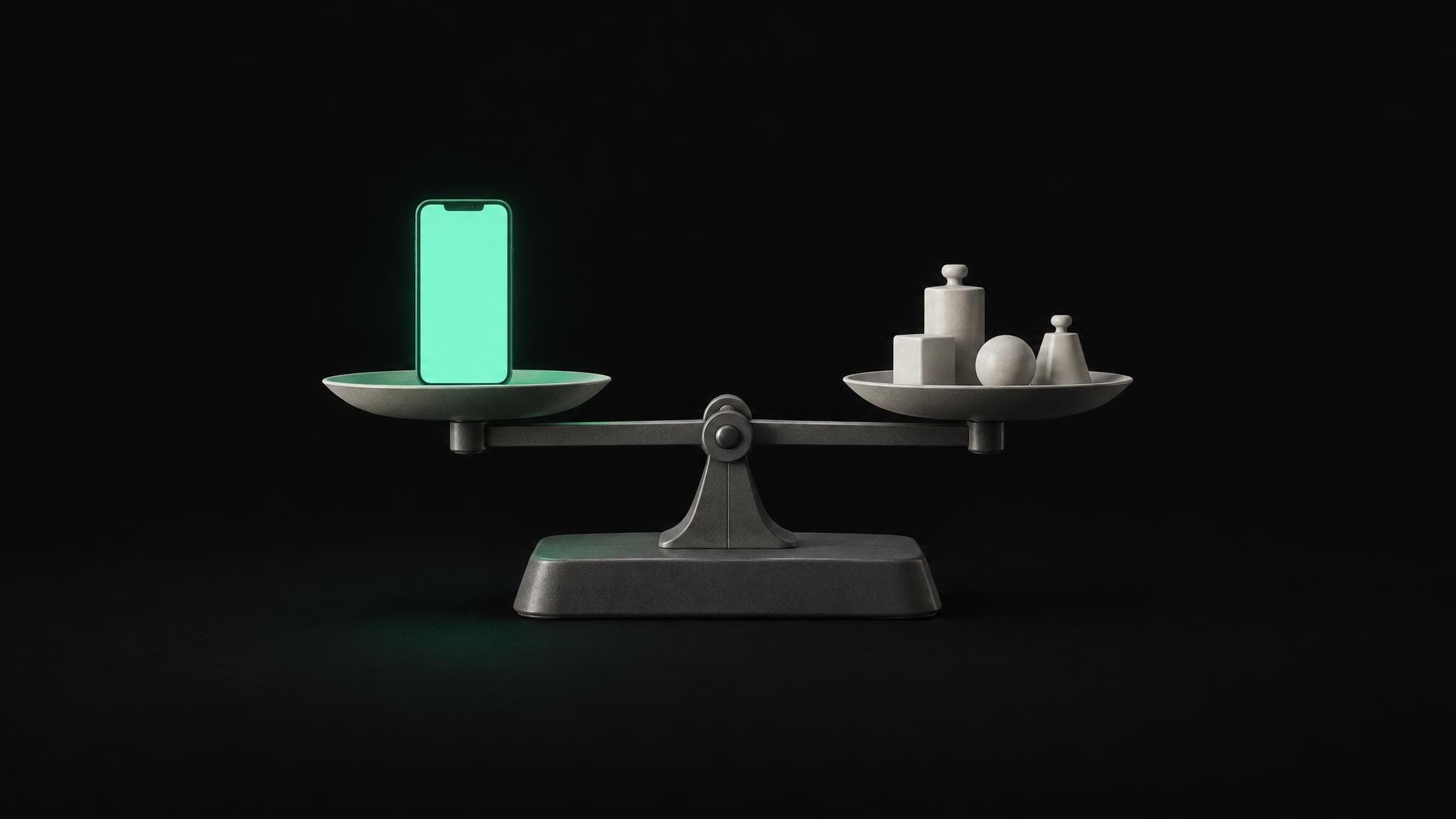 A balance weighs a green phone-shaped card against four small weights.