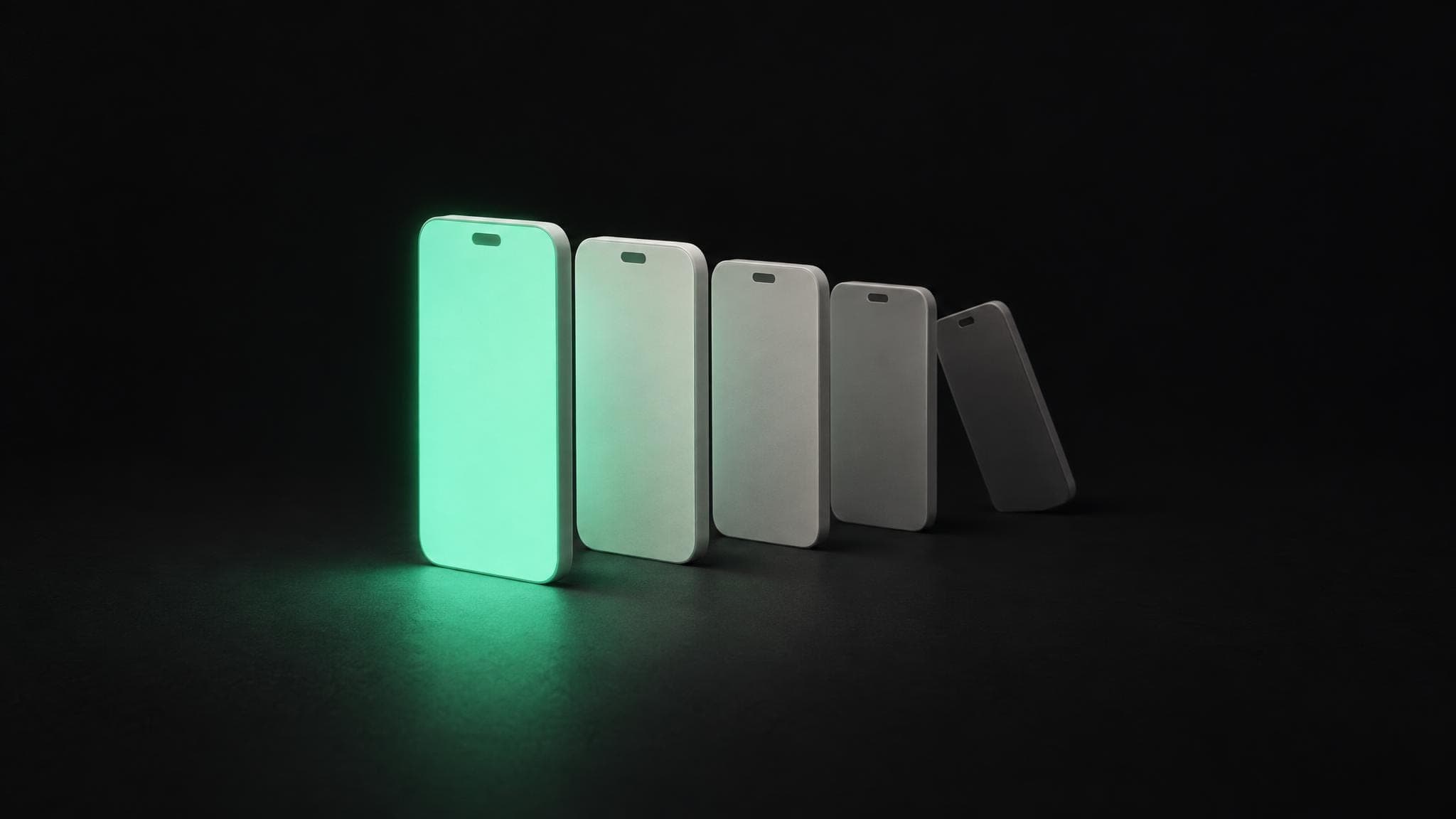 Five phone-shaped cards in a row. The first glows green, each card after it is dimmer, and the last one tips backwards.