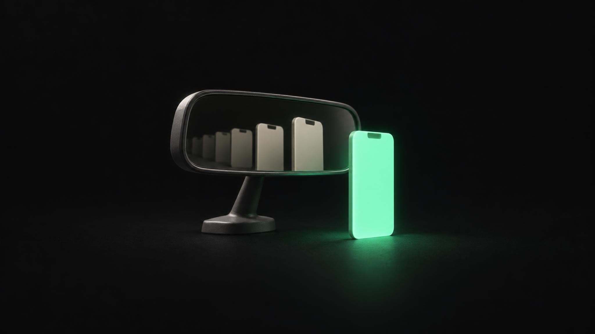A rear-view mirror reflects a row of phone-shaped cards behind it. A new card in front of it glows green.