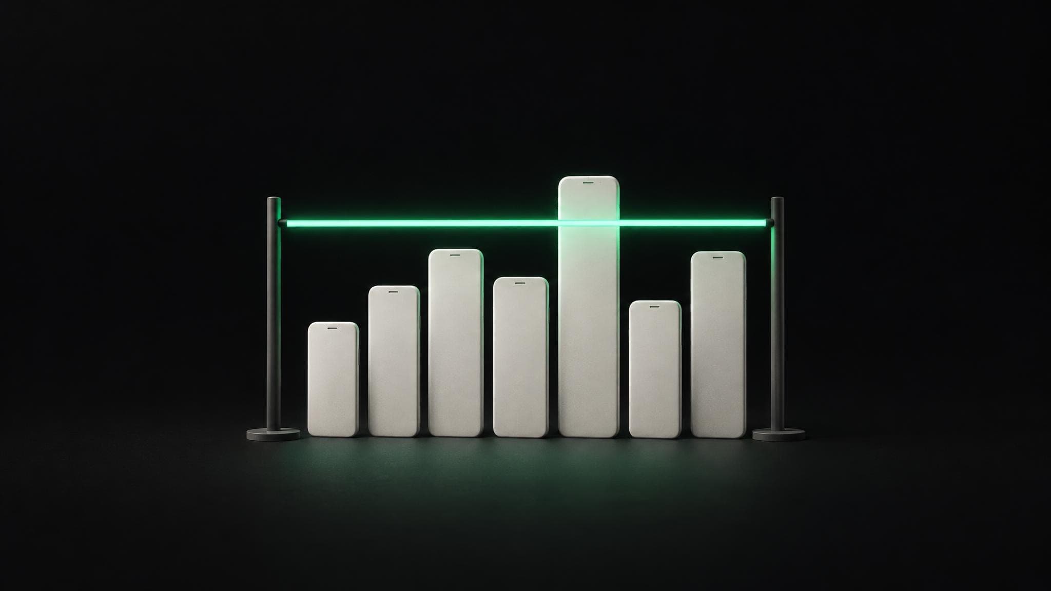 A green bar held between two stands over seven phone-shaped cards of different heights. One card clears the bar.