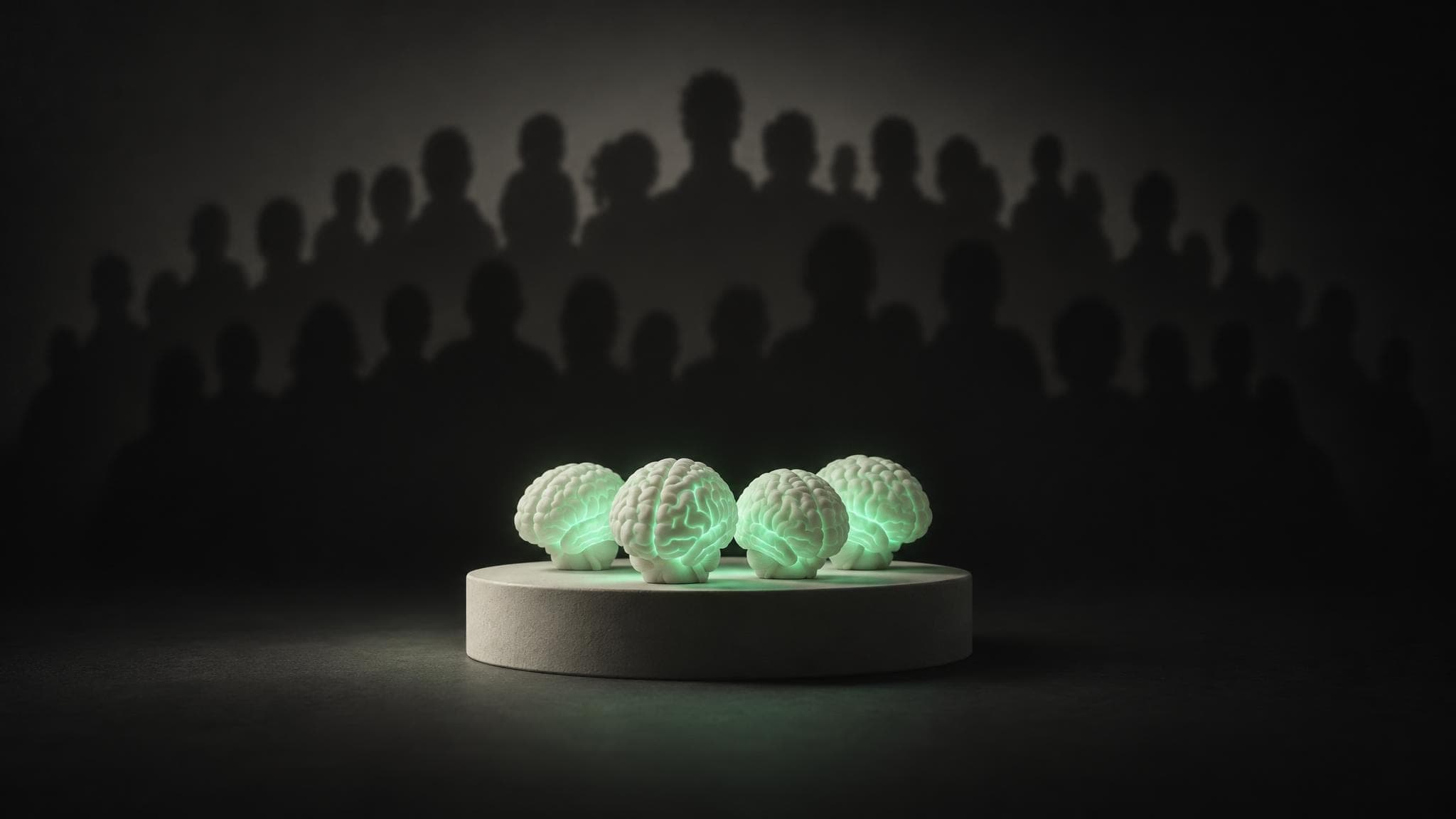 Four small brain sculptures cast one large shadow shaped like a crowd.