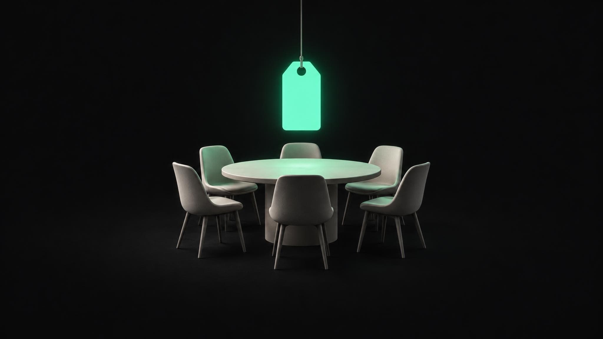 A focus-group table with six empty chairs under a large blank price tag that glows green.