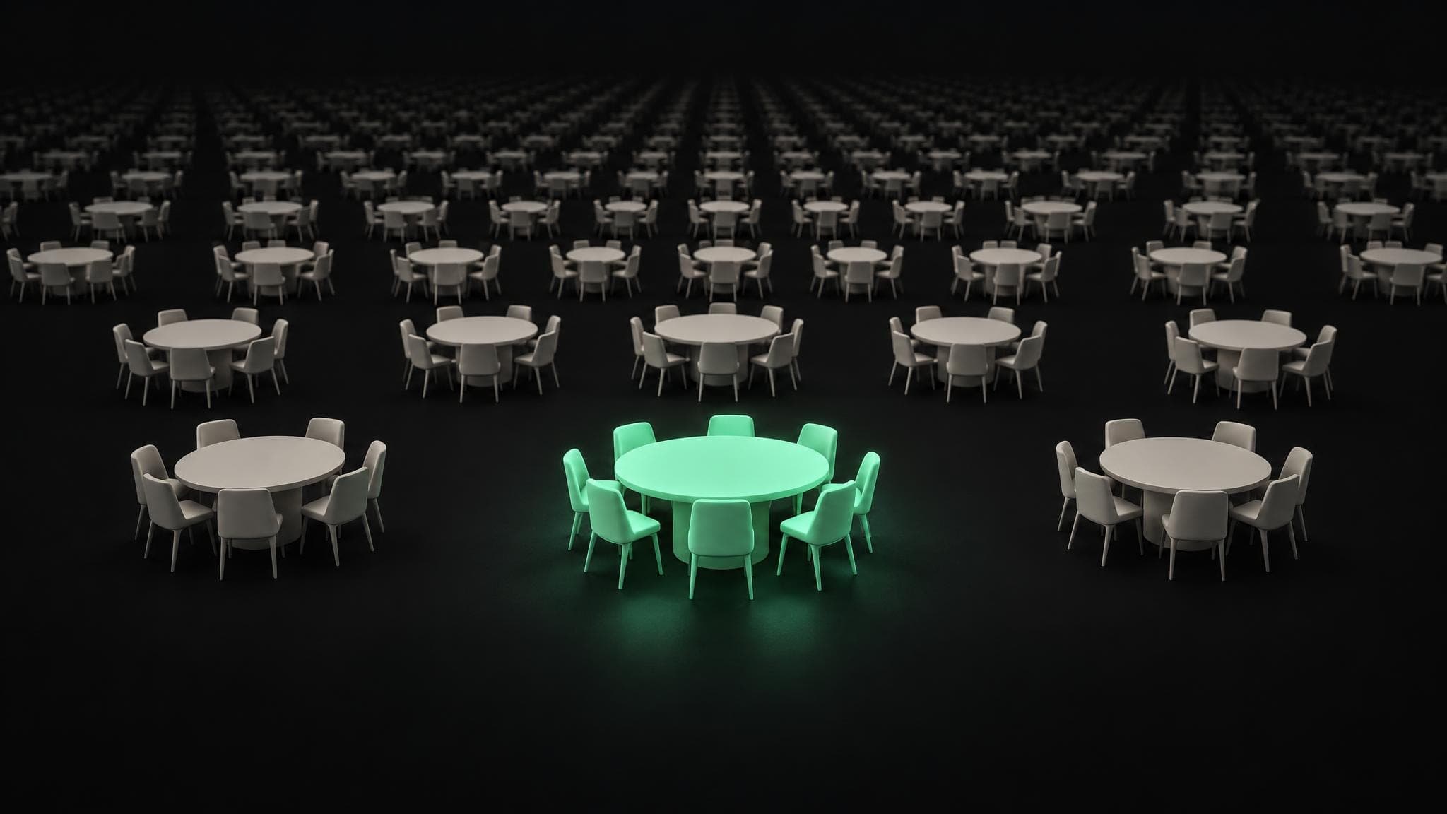 One focus-group table with eight chairs, copied hundreds of times into the distance. The nearest one glows green.