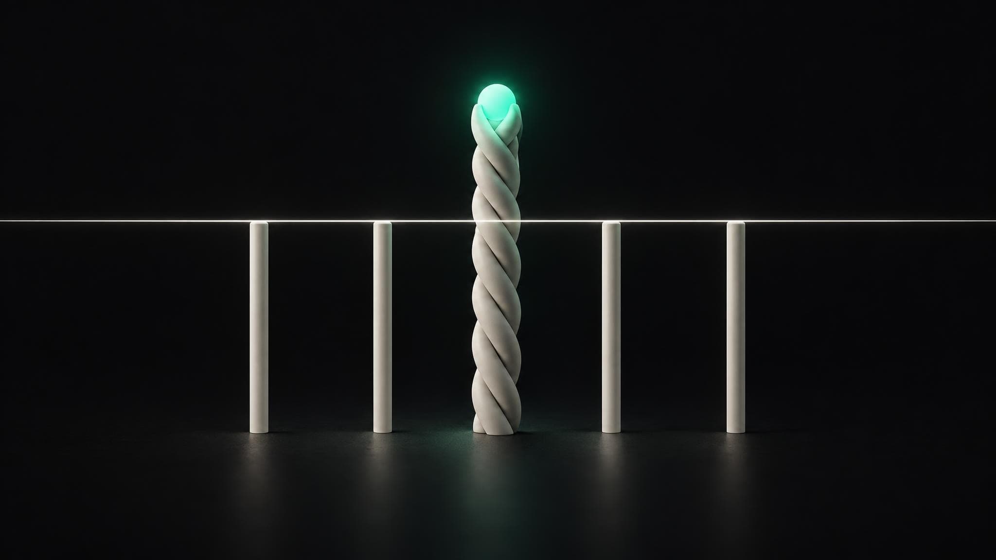 Four columns stop at a line of light. A fifth column, four strands braided into one, rises past it and glows green at the top.