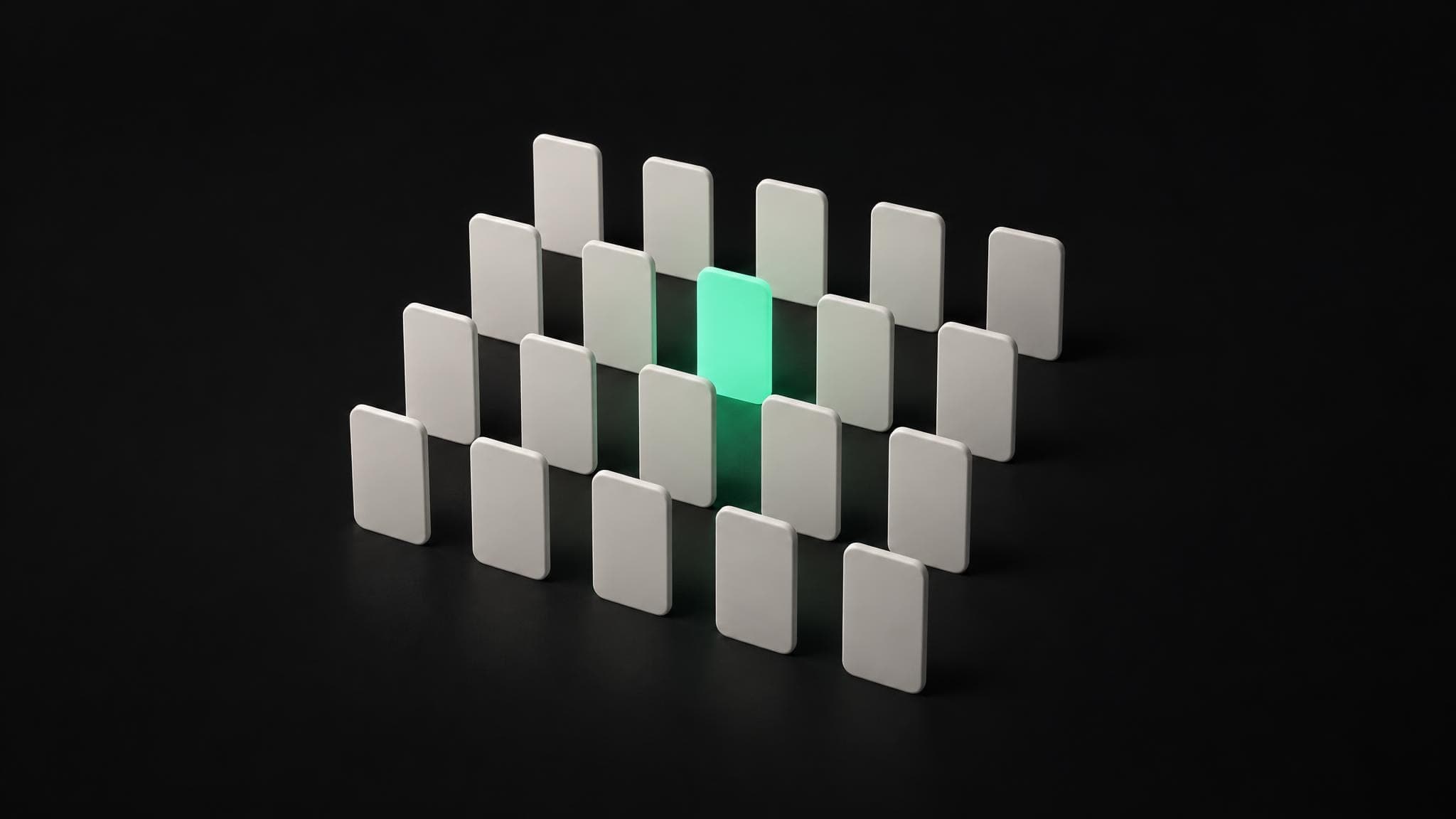 Twenty blank phone-shaped cards in four rows of five. One card in the middle glows green.