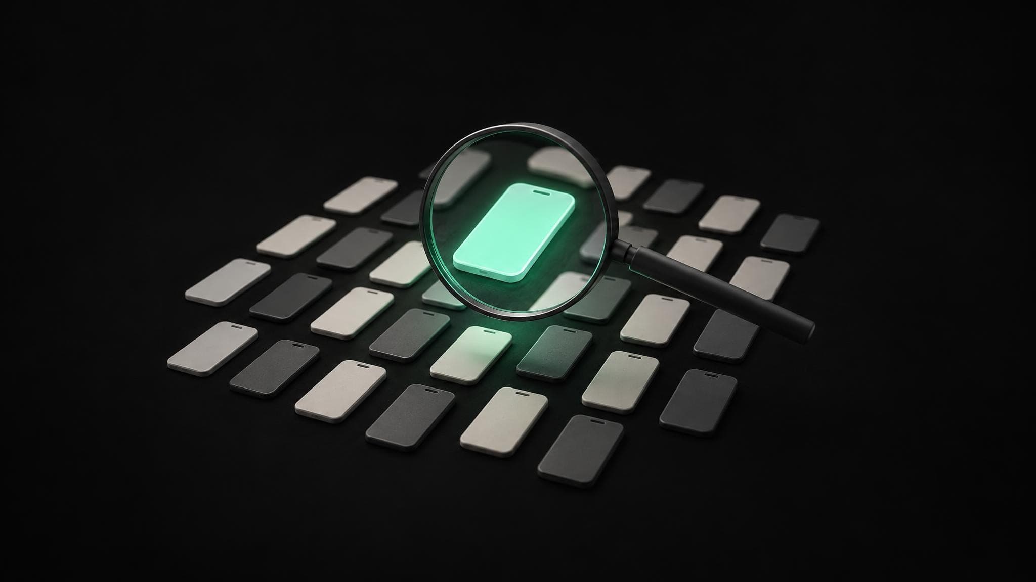 A magnifying glass over a grid of phone-shaped cards. The card under the lens glows green.