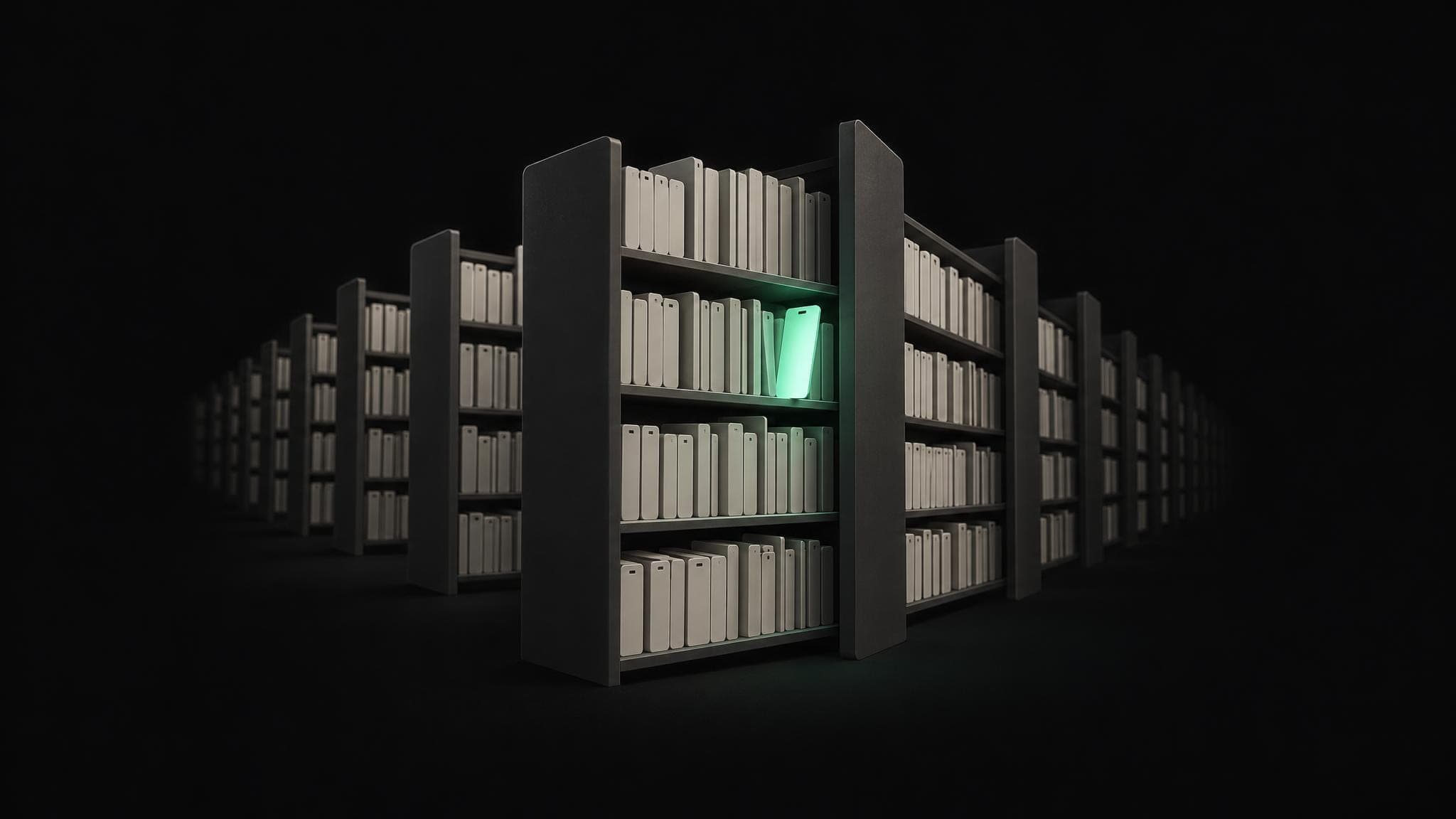 Library shelves full of phone-shaped cards stored like books. One card pulled halfway out glows green.