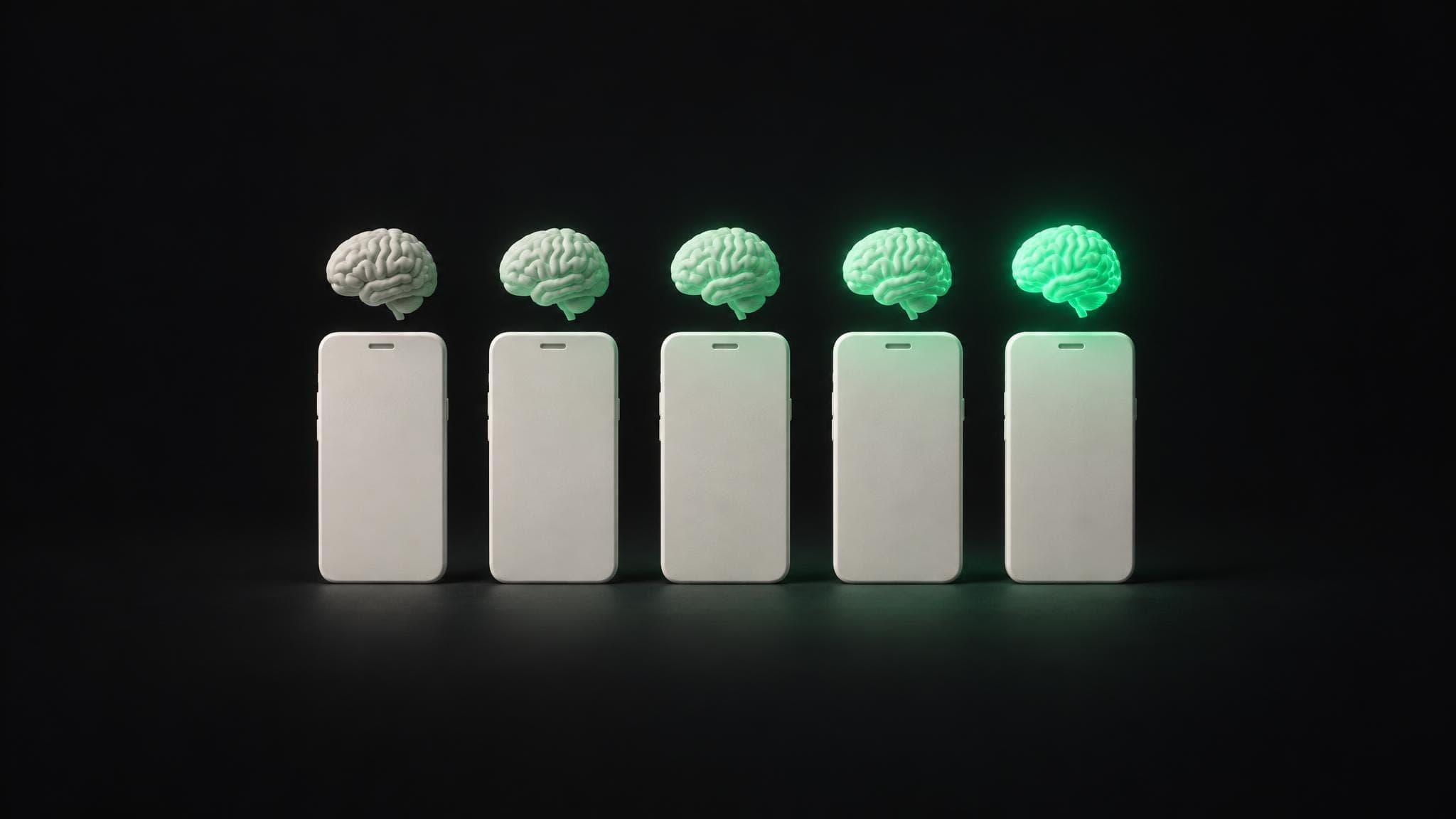 Five phone-shaped cards in a row, each with a small brain above it glowing green at a different strength.