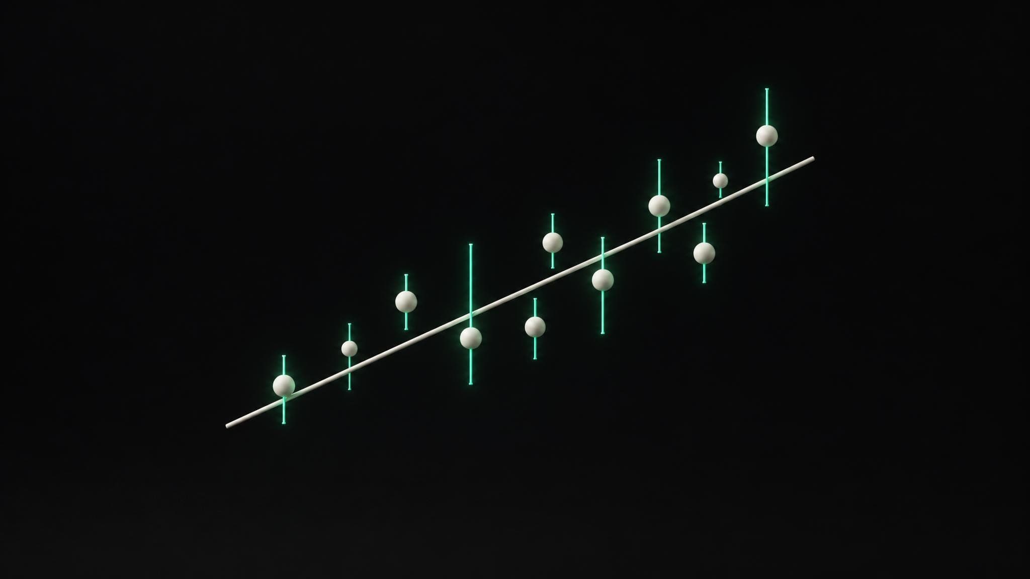 A diagonal rod with small spheres scattered close to it, each with a green error bar.