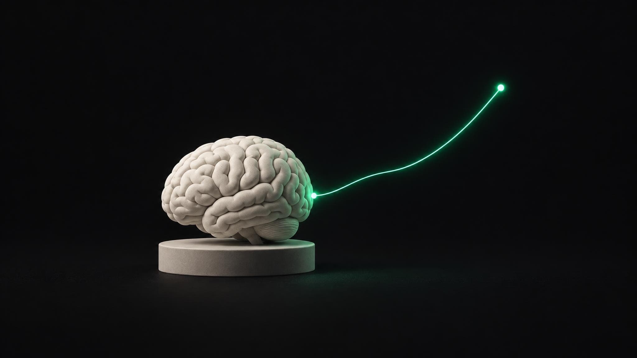 A brain sculpture with a thin green line rising from it to the right, like a forecast curve.