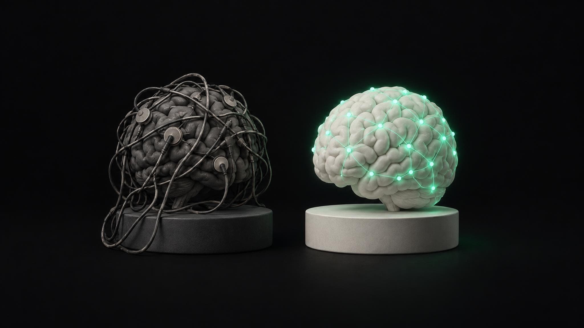 Two brain sculptures. The left one is wrapped in old EEG cables and pads. The right one is clean, with a fine green network across it.