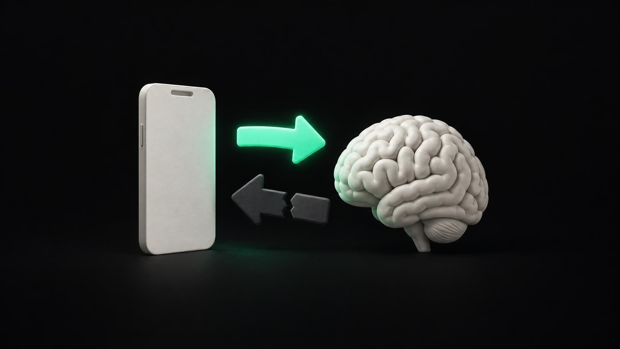 A phone-shaped card and a brain. A green arrow points from the card to the brain. A broken grey arrow points back.