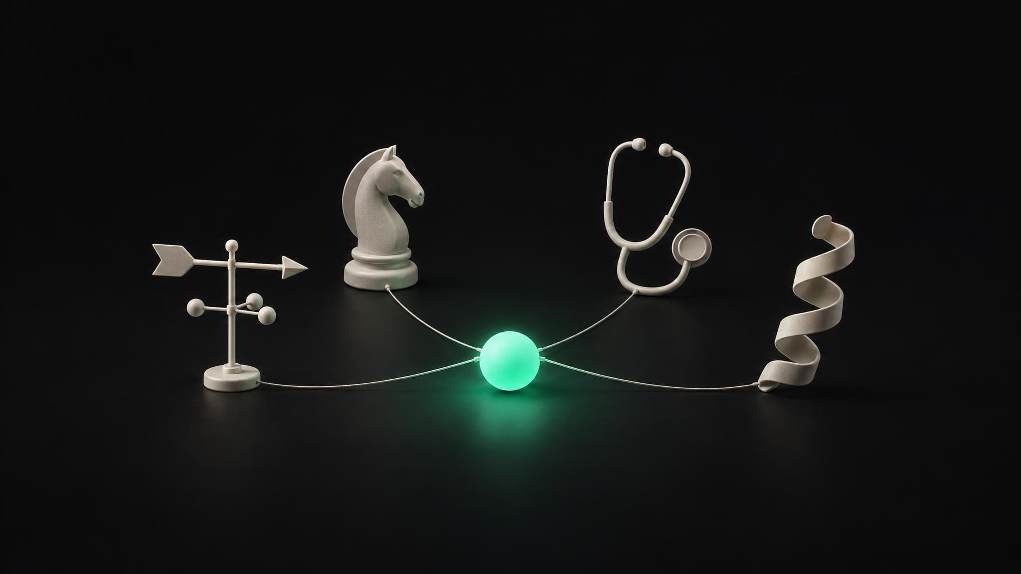 A weather vane, a chess knight, a stethoscope and a protein ribbon, each tied by a thread to one green sphere.