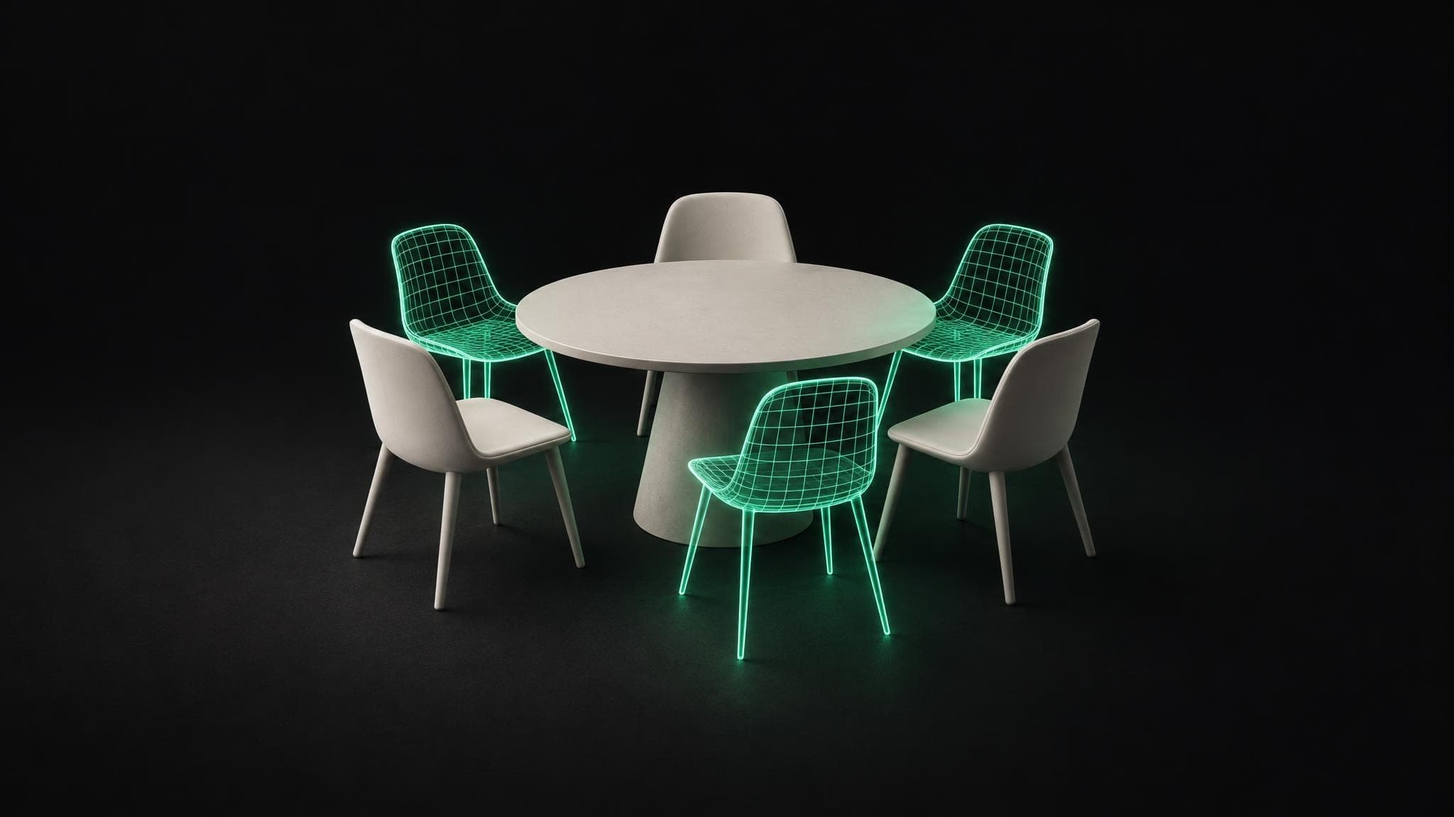 A round table with six chairs. Three are solid and three are green wireframes.