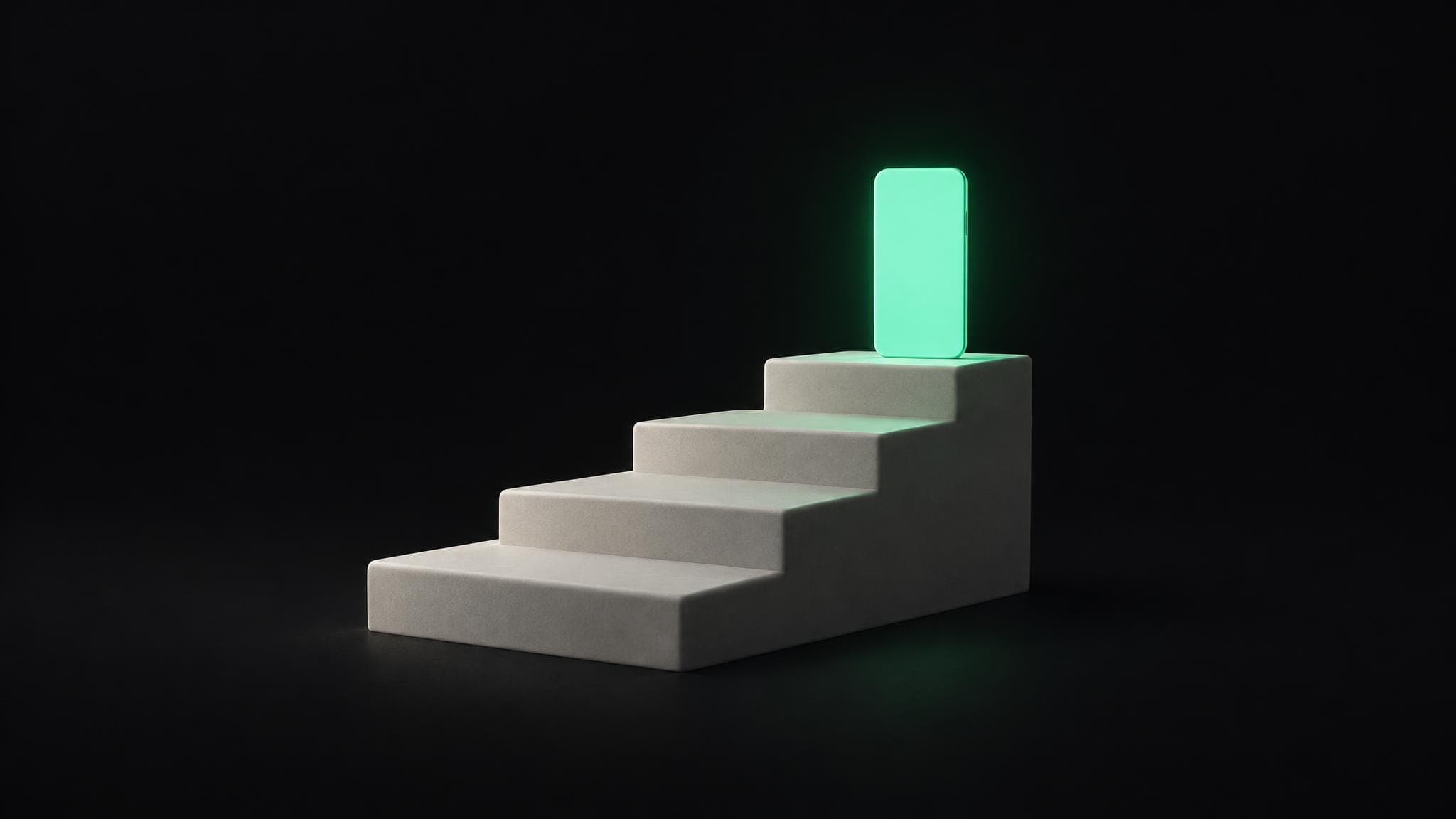 Four broad steps rising left to right, with a green phone-shaped card on the top step.