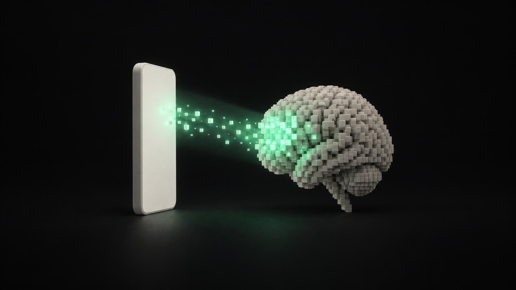 A phone-shaped card sends a beam of light into a brain built from small cubes. The cubes it reaches glow green.