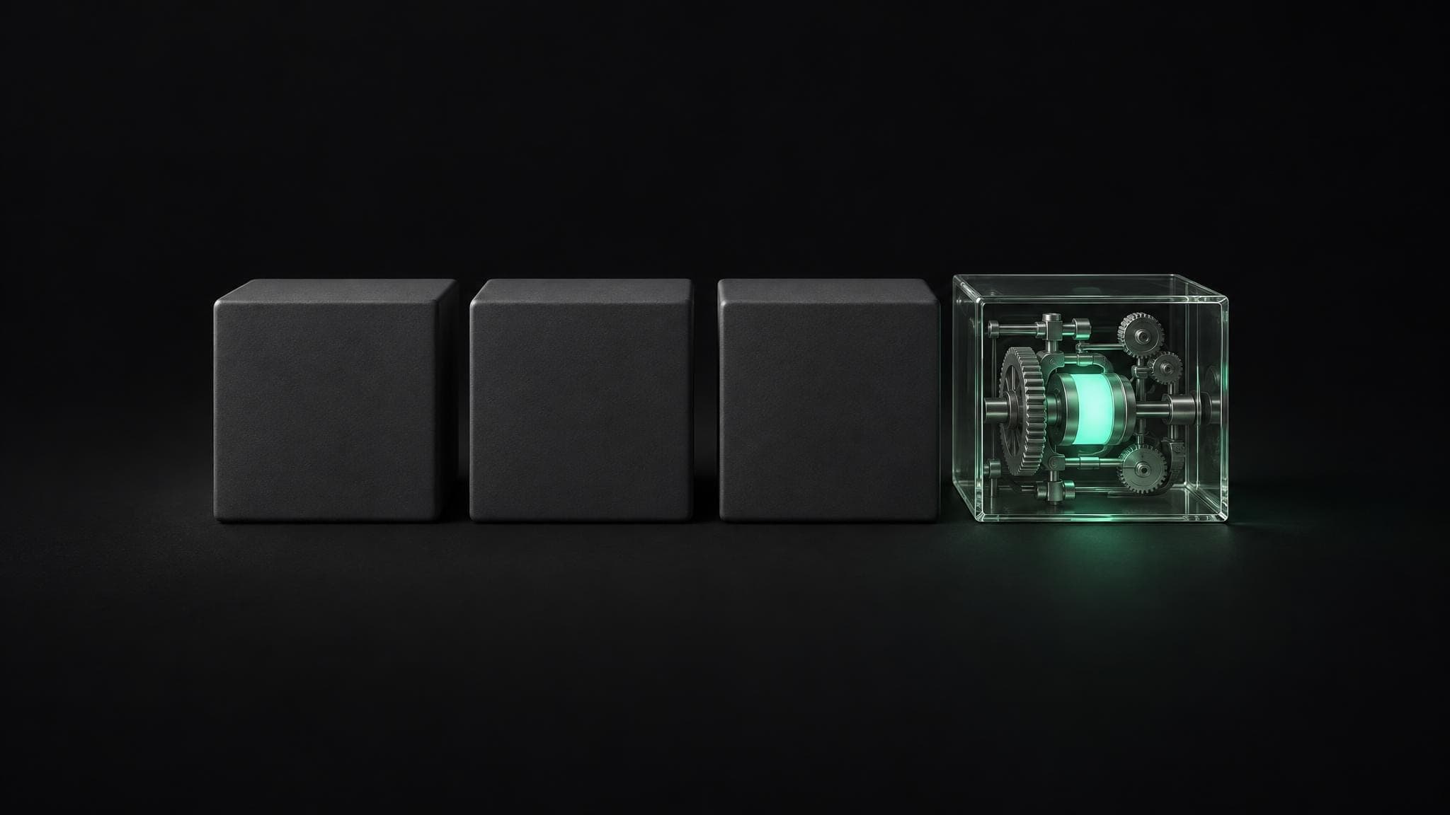 Three closed boxes and one glass box. The mechanism inside the glass box is in plain view and glows green.