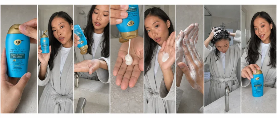 Eight storyboard panels showing a presenter opening, pouring and using the shampoo.